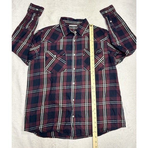 Vintage Maroon & Black Plaid Pearl Snap Western Flannel Shirt Men's Size Large - Picture 6 of 8